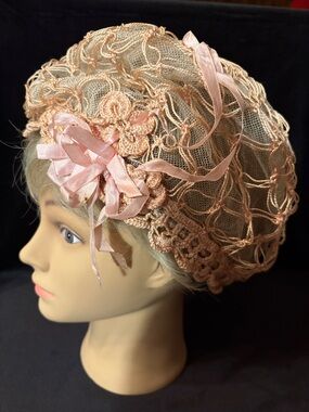 Antique Delicate Pink Crochet Lace Boudoir night cap with Ribbon Accent